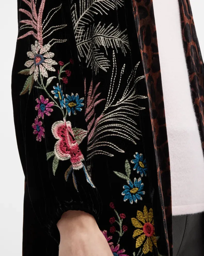 Johnny Was Tiarei Velvet Bishop Sleeve Kimono Coat Floral Embroidery Black New