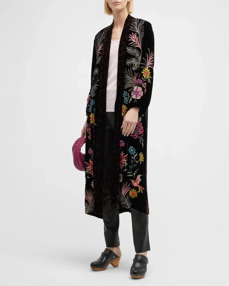 Johnny Was Tiarei Velvet Bishop Sleeve Kimono Coat Floral Embroidery Black New