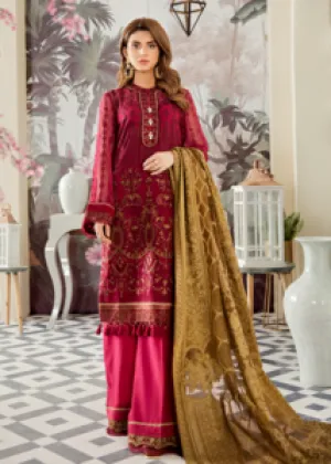 Latest embroidered organza and chiffon dress in carmine red color # P2421