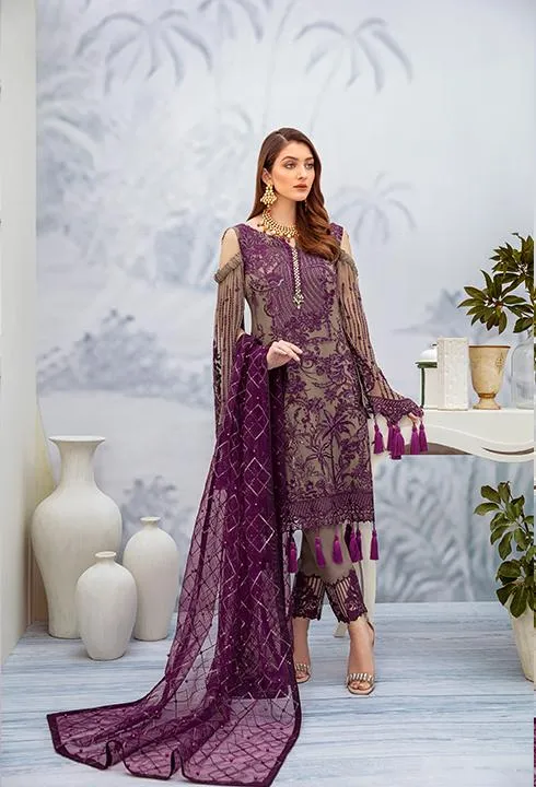 Latest embroidered Pakistani chiffon outfit in grey and plum color # P2510