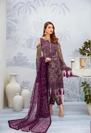 Latest embroidered Pakistani chiffon outfit in grey and plum color # P2510