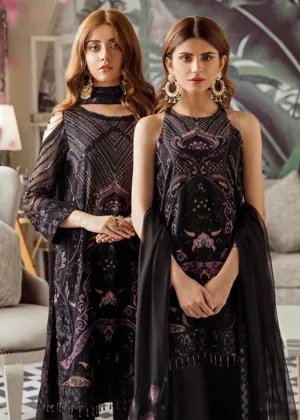 Latest Pakistani embroidered chiffon outfit in deep black color # P2419