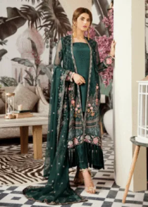 Latest thread embroidered chiffon outfit in dark green color # P2420