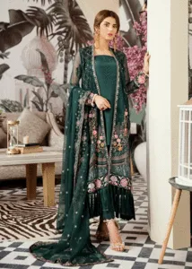 Latest thread embroidered chiffon outfit in dark green color # P2420