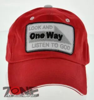 LOOK AND ONE WAY LISTEN TO GOD JOHN 3:16 JESUS CHRISTIAN CAP HAT COTTON RED