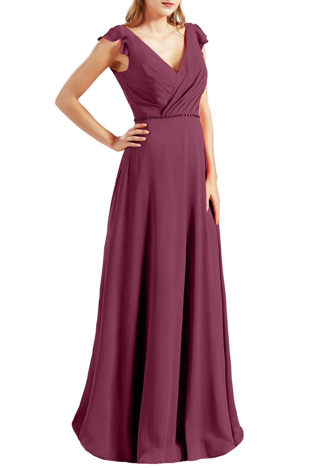 MACloth Women Cap Sleeves V Neck Chiffon Long Bridesmaid Dresses Evening Gown