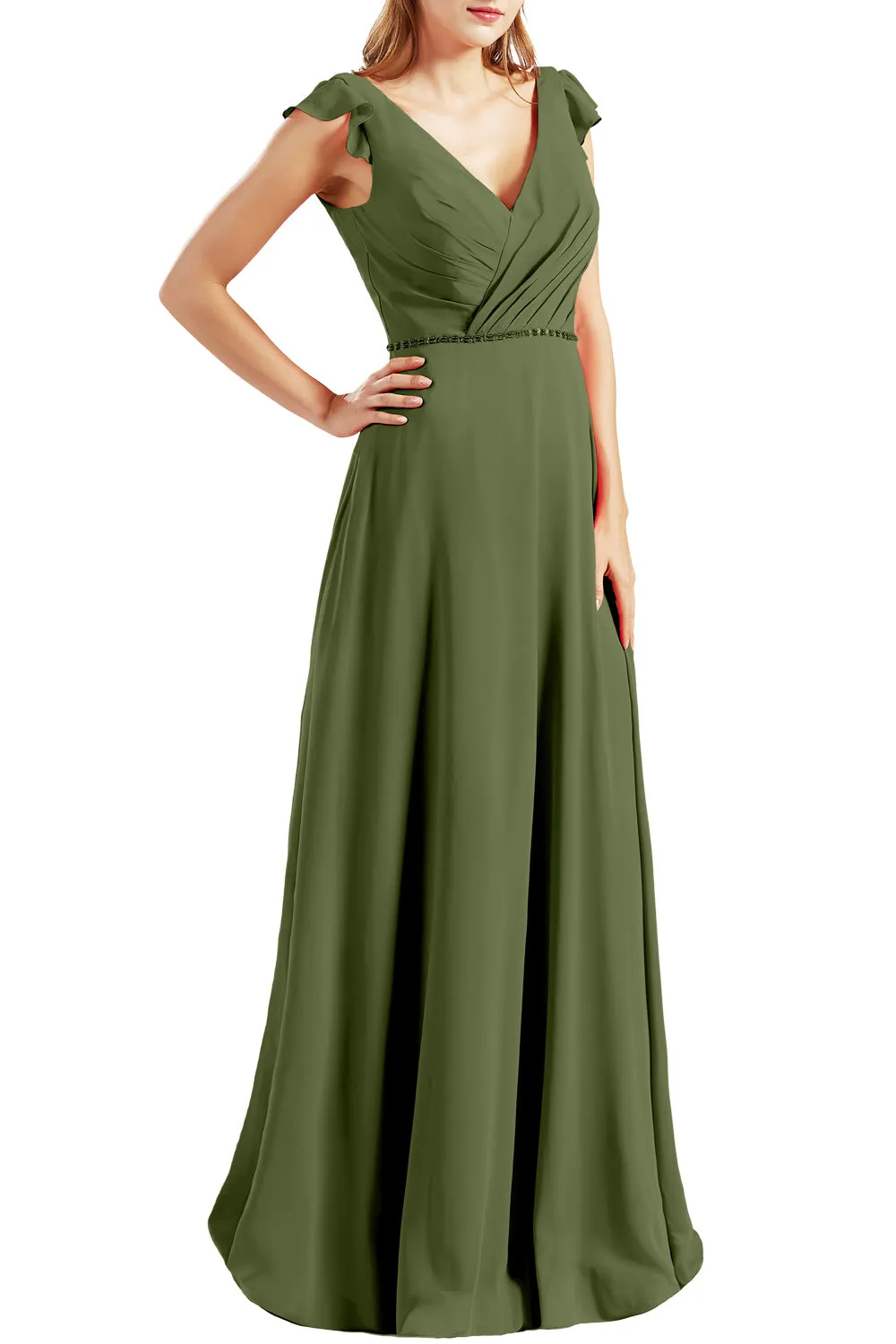MACloth Women Cap Sleeves V Neck Chiffon Long Bridesmaid Dresses Evening Gown