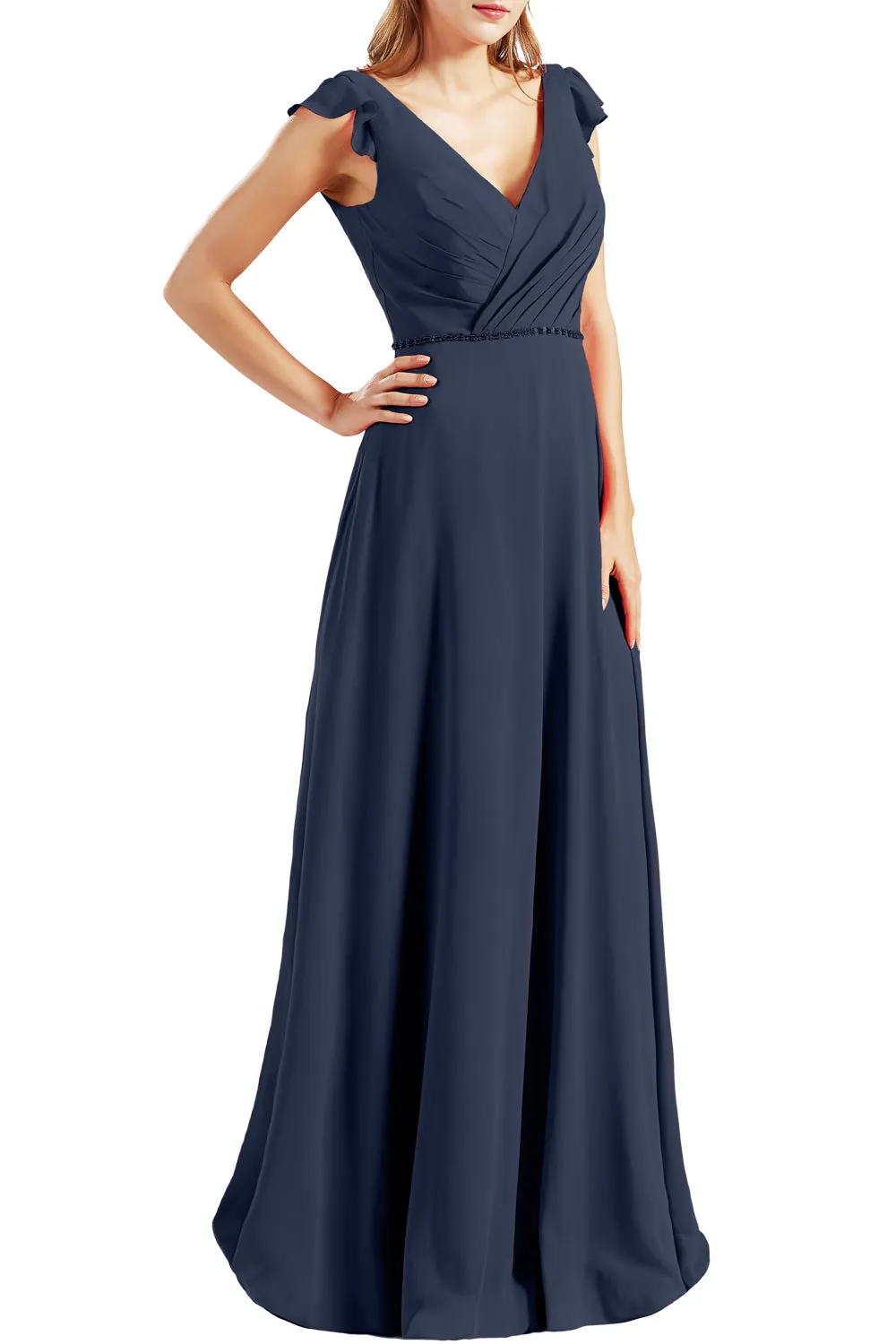 MACloth Women Cap Sleeves V Neck Chiffon Long Bridesmaid Dresses Evening Gown
