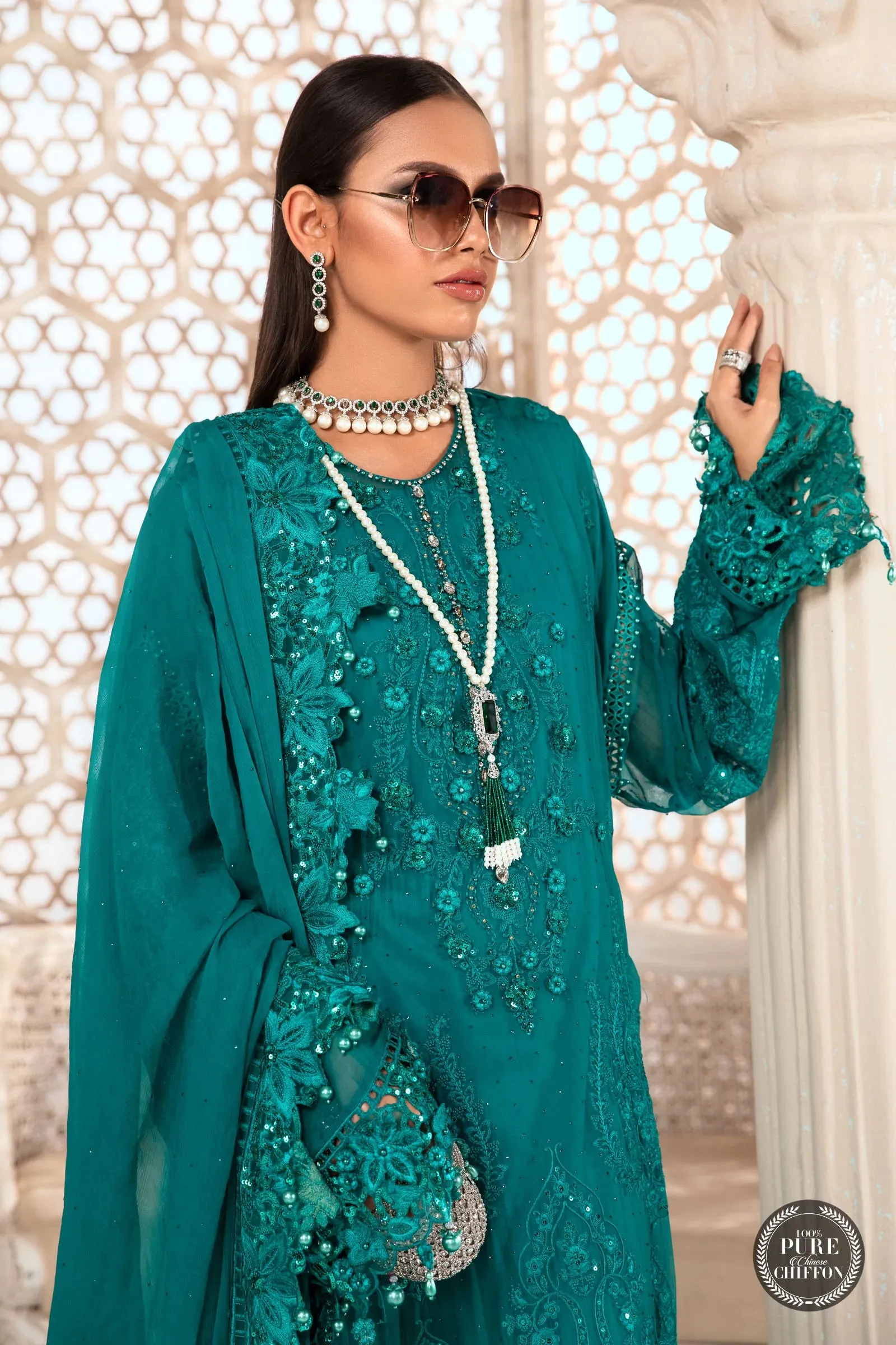 Maria B Mbroidered Chiffon EID 2022 | MPC-22-203-Deep and Sea Green