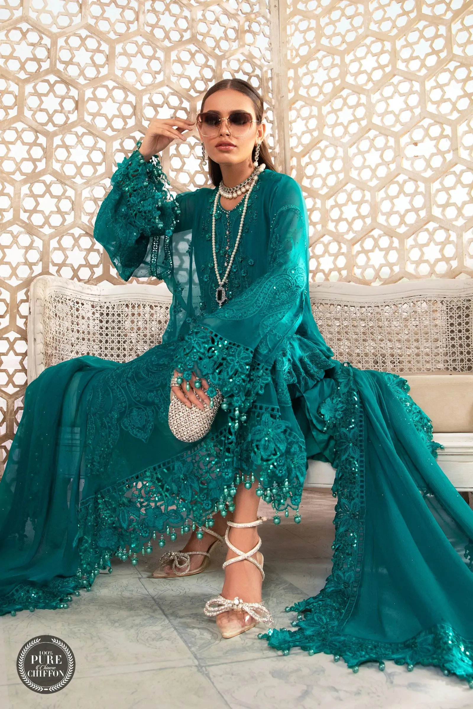 Maria B Mbroidered Chiffon EID 2022 | MPC-22-203-Deep and Sea Green