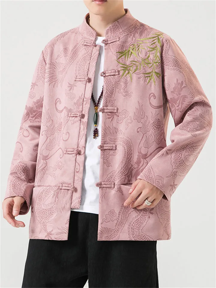Men's Bamboo Leaf Embroidery Dragon Print Faux Suede Retro Jacket