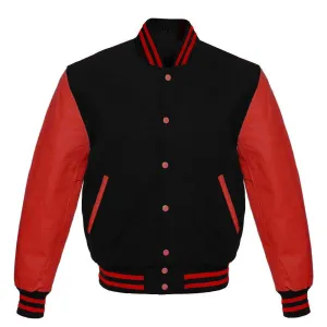 Men's Black Wool & Red Real Leather College Baseball Varsity Jacket