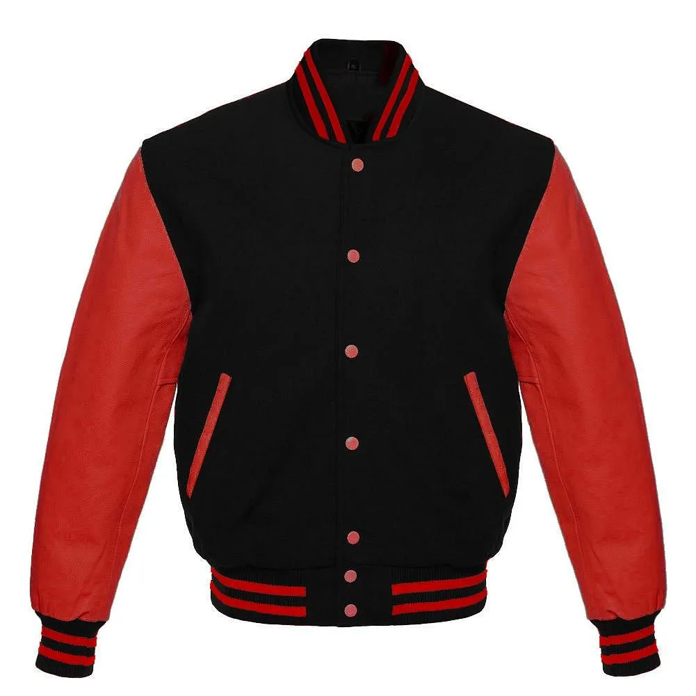 Men's Black Wool & Red Real Leather College Baseball Varsity Jacket