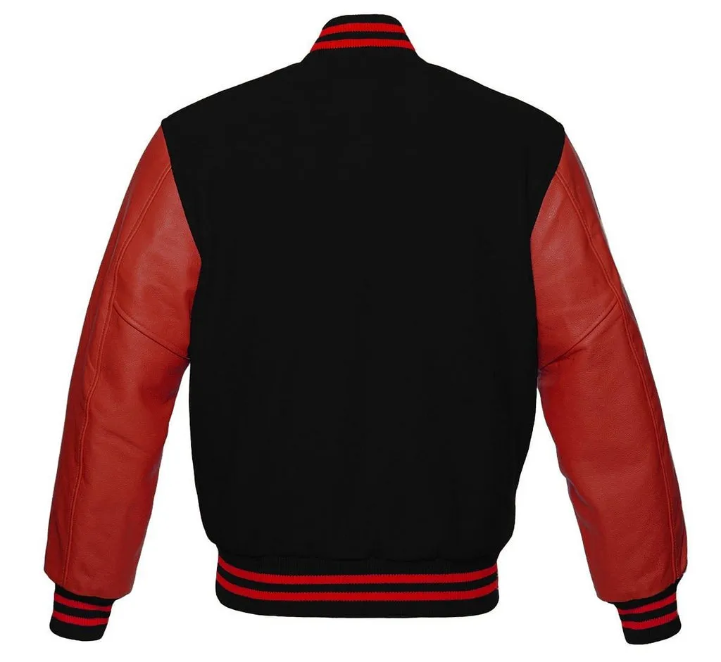 Men's Black Wool & Red Real Leather College Baseball Varsity Jacket