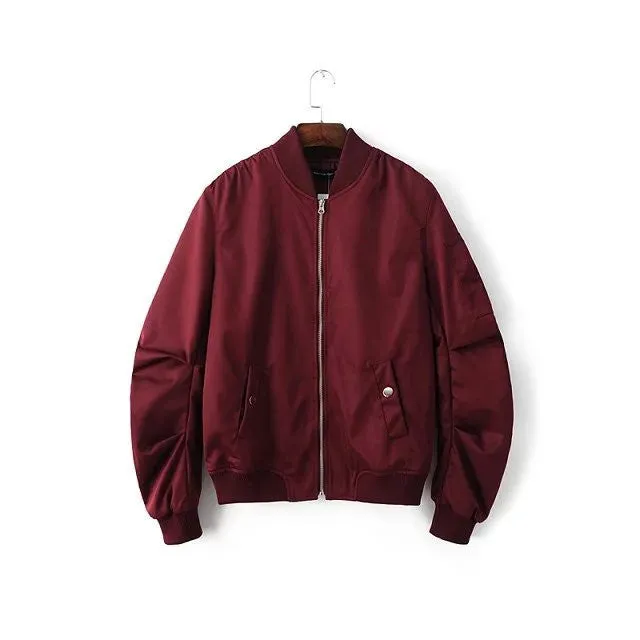 Mens Solid Flight Wine Red Bomber Jacket Men's Rib Sleeve Zipper Short Air Force Baseball Coats Clothing