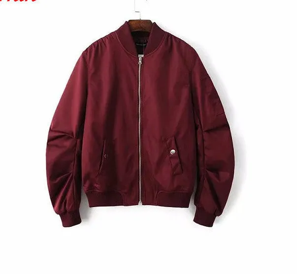 Mens Solid Flight Wine Red Bomber Jacket Men's Rib Sleeve Zipper Short Air Force Baseball Coats Clothing