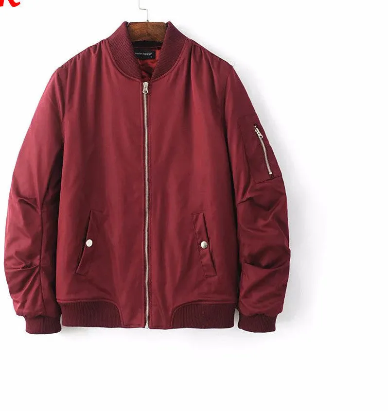 Mens Solid Flight Wine Red Bomber Jacket Men's Rib Sleeve Zipper Short Air Force Baseball Coats Clothing