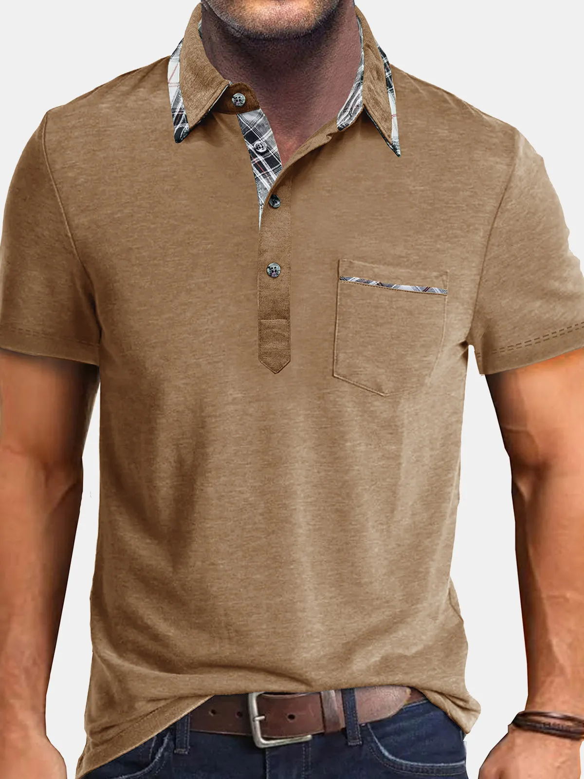 Men's Summer Casual Plaid Breathable Pocket Short Sleeve Polo Shirt