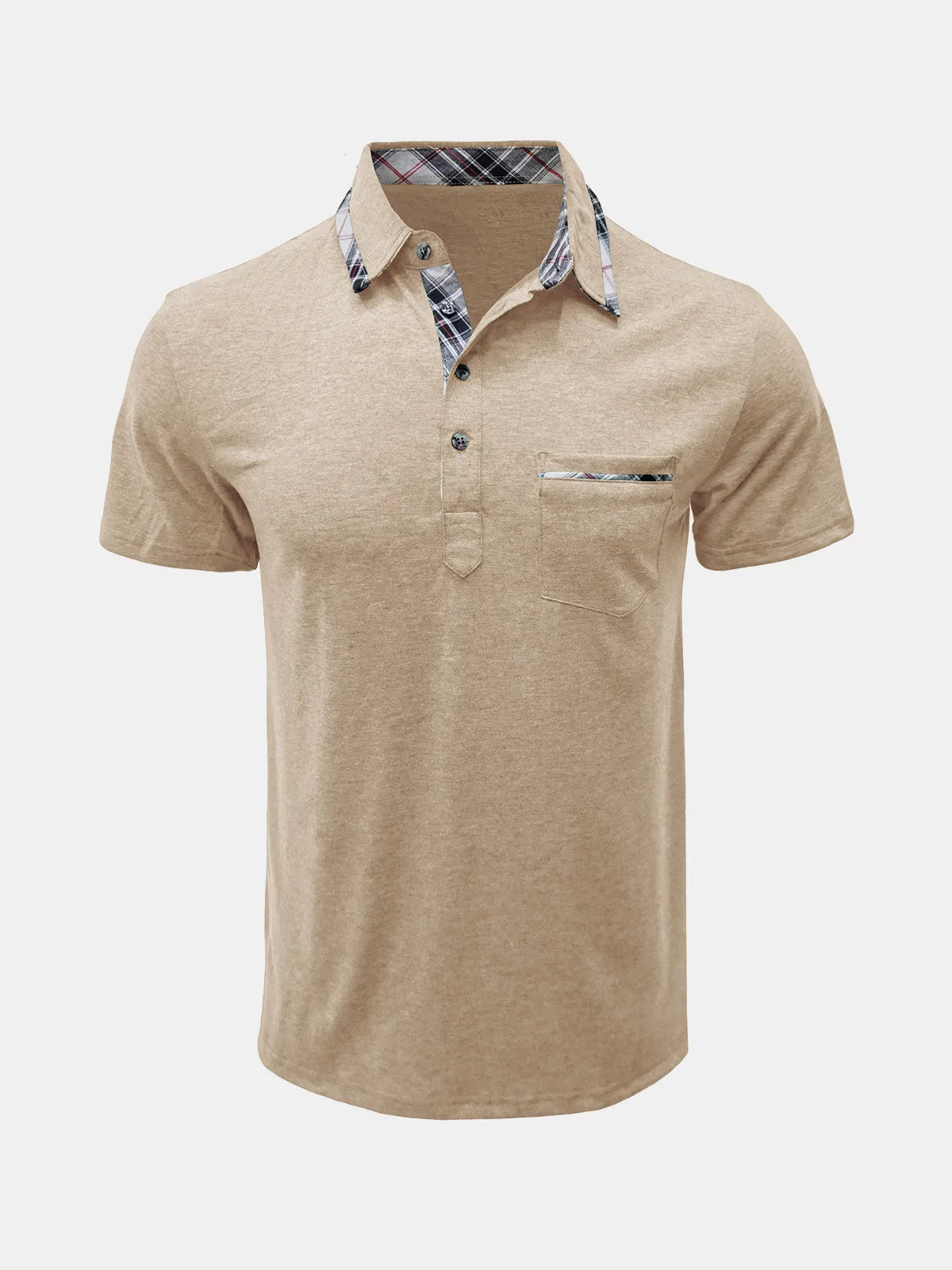 Men's Summer Casual Plaid Breathable Pocket Short Sleeve Polo Shirt