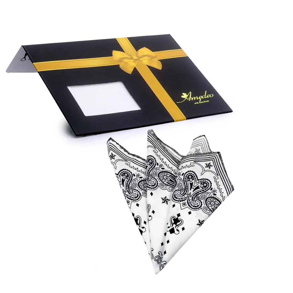Men's White Black Paisley Pocket Square Hanky Handkerchief
