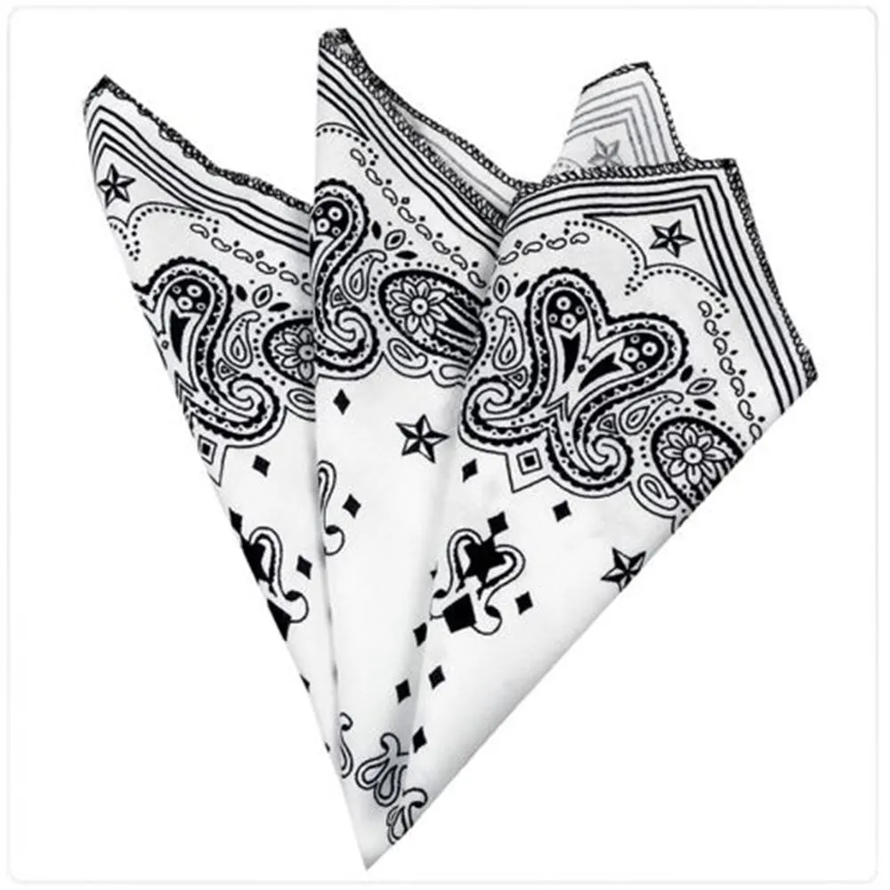 Men's White Black Paisley Pocket Square Hanky Handkerchief