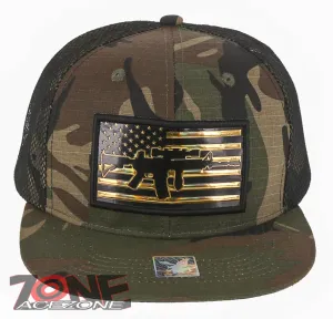 NEW! MACHINE GUN USA FLAG AR-15 FLAT BILL MESH BASEBALL CAP HAT GREEN CAMO