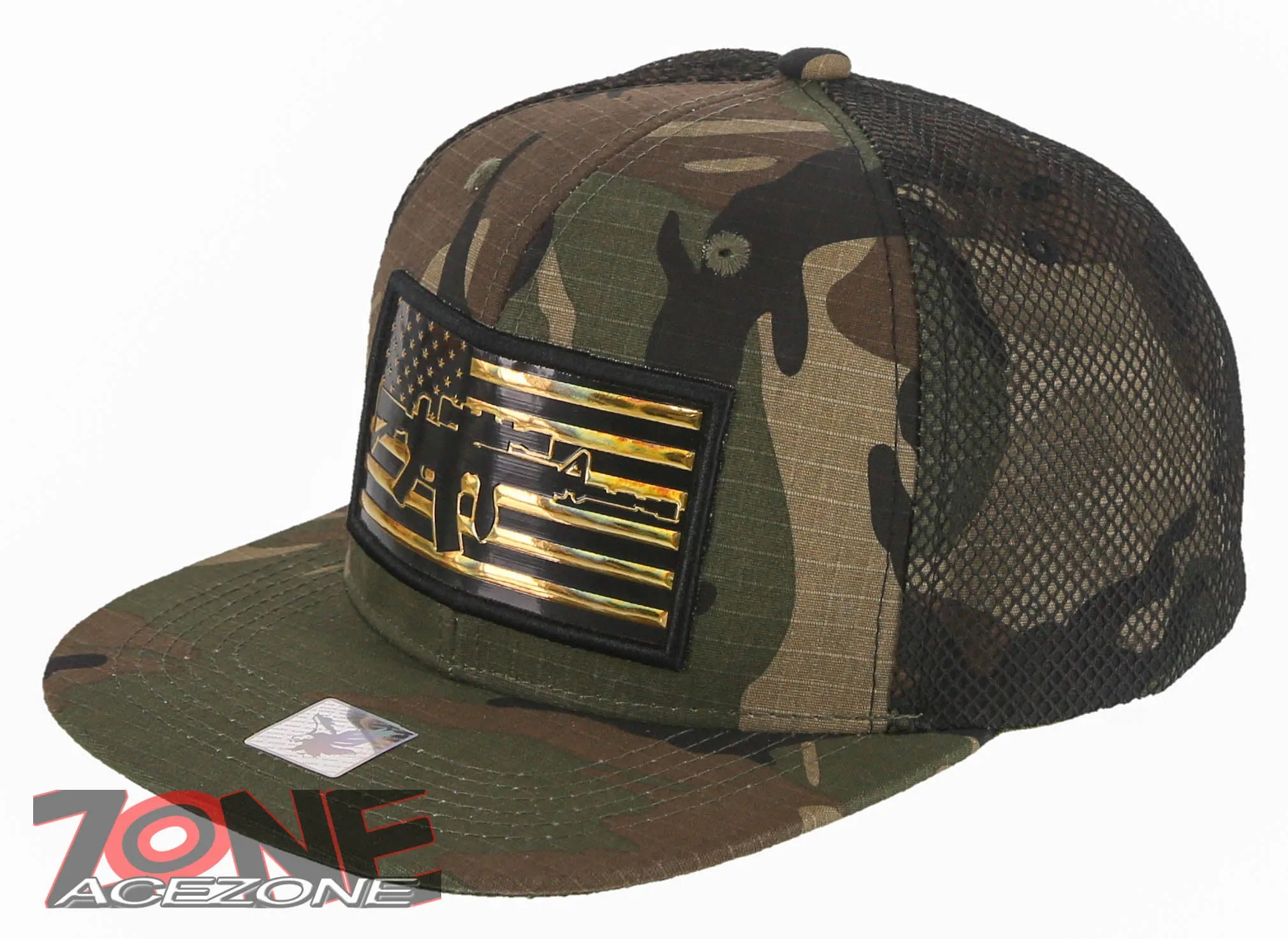 NEW! MACHINE GUN USA FLAG AR-15 FLAT BILL MESH BASEBALL CAP HAT GREEN CAMO