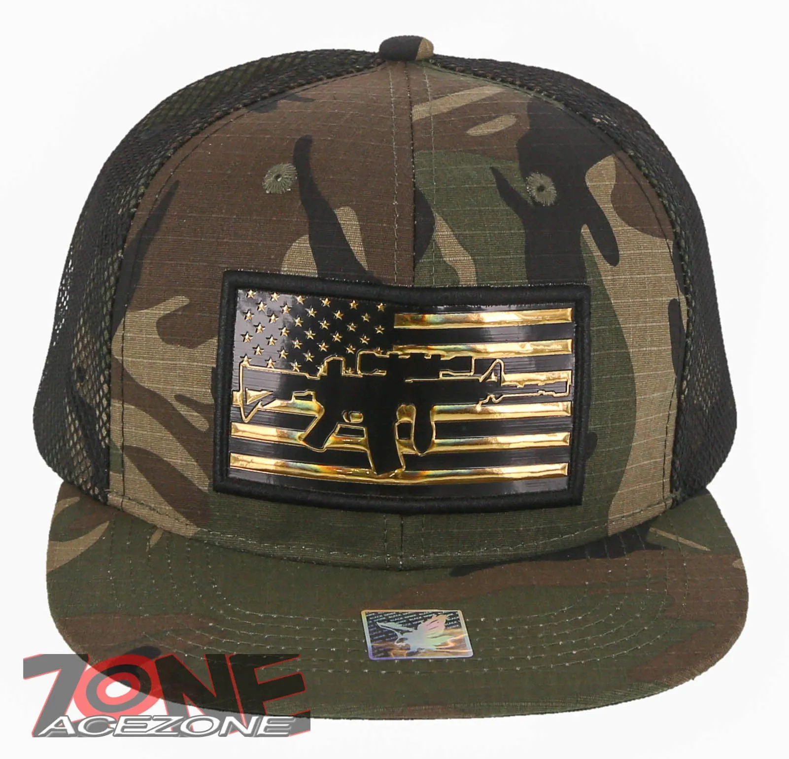 NEW! MACHINE GUN USA FLAG AR-15 FLAT BILL MESH BASEBALL CAP HAT GREEN CAMO