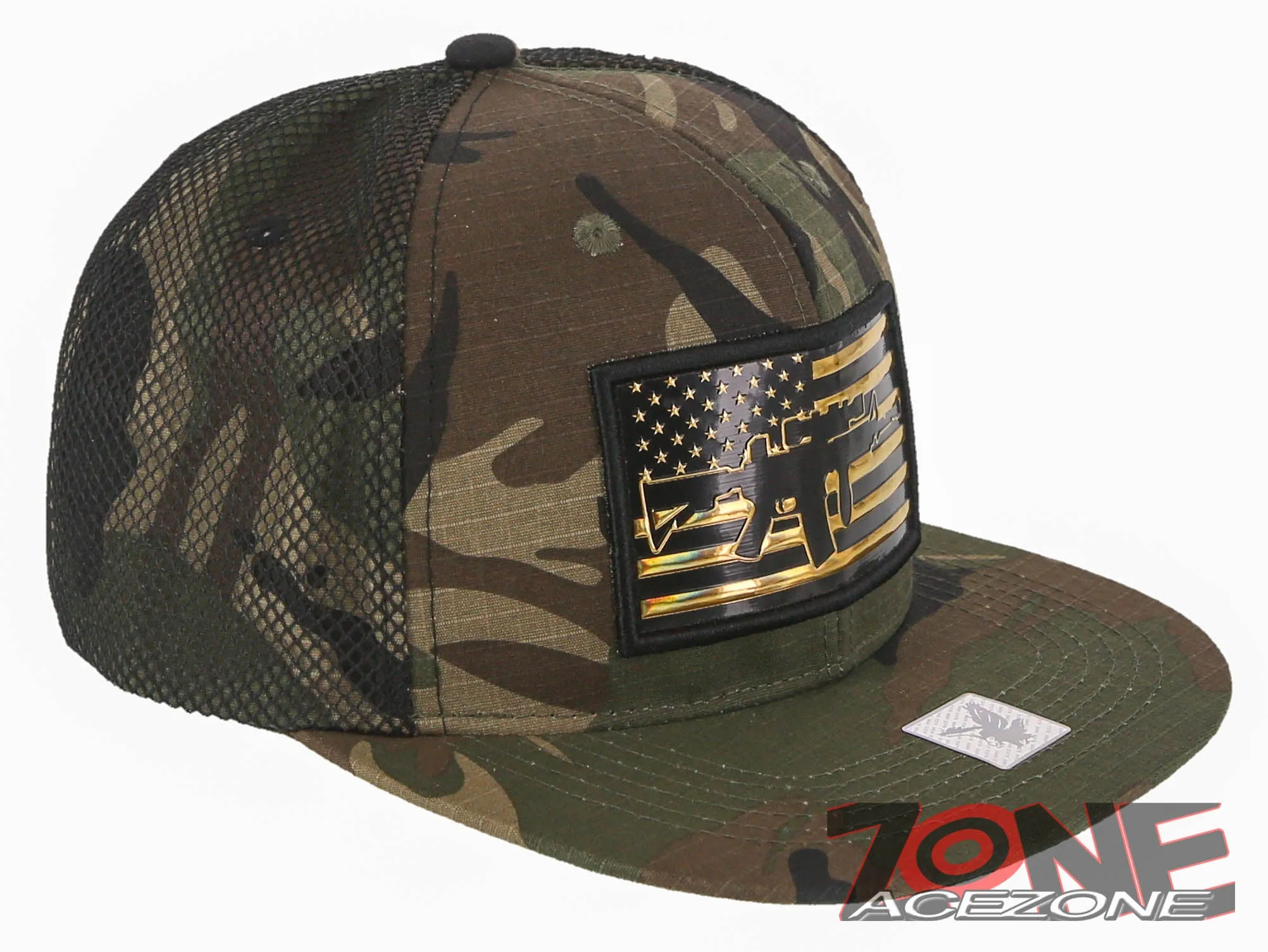 NEW! MACHINE GUN USA FLAG AR-15 FLAT BILL MESH BASEBALL CAP HAT GREEN CAMO