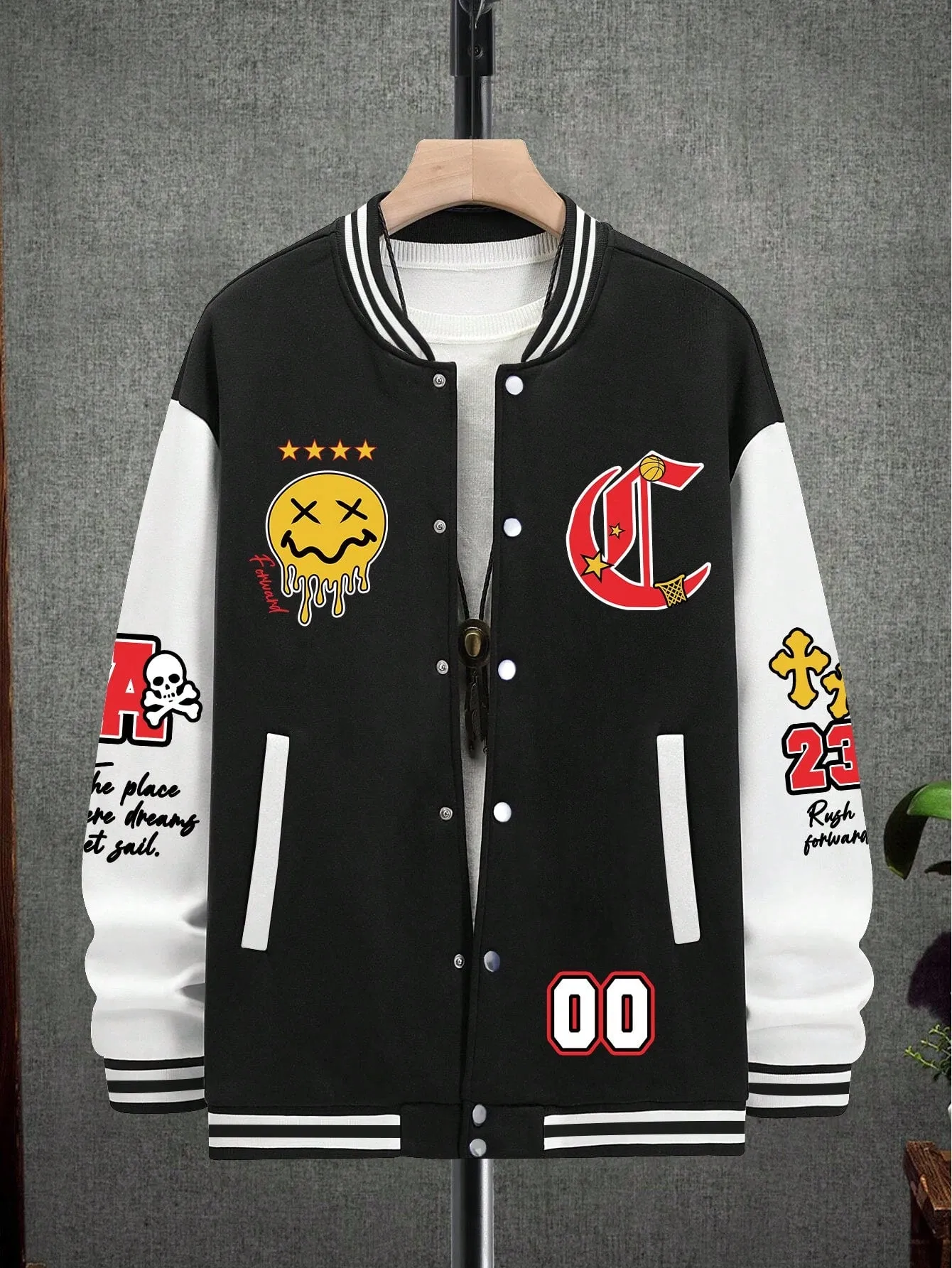 Oversized Men's Cartoon & Letter Graphic Striped Trim Color Block Varsity Jacket