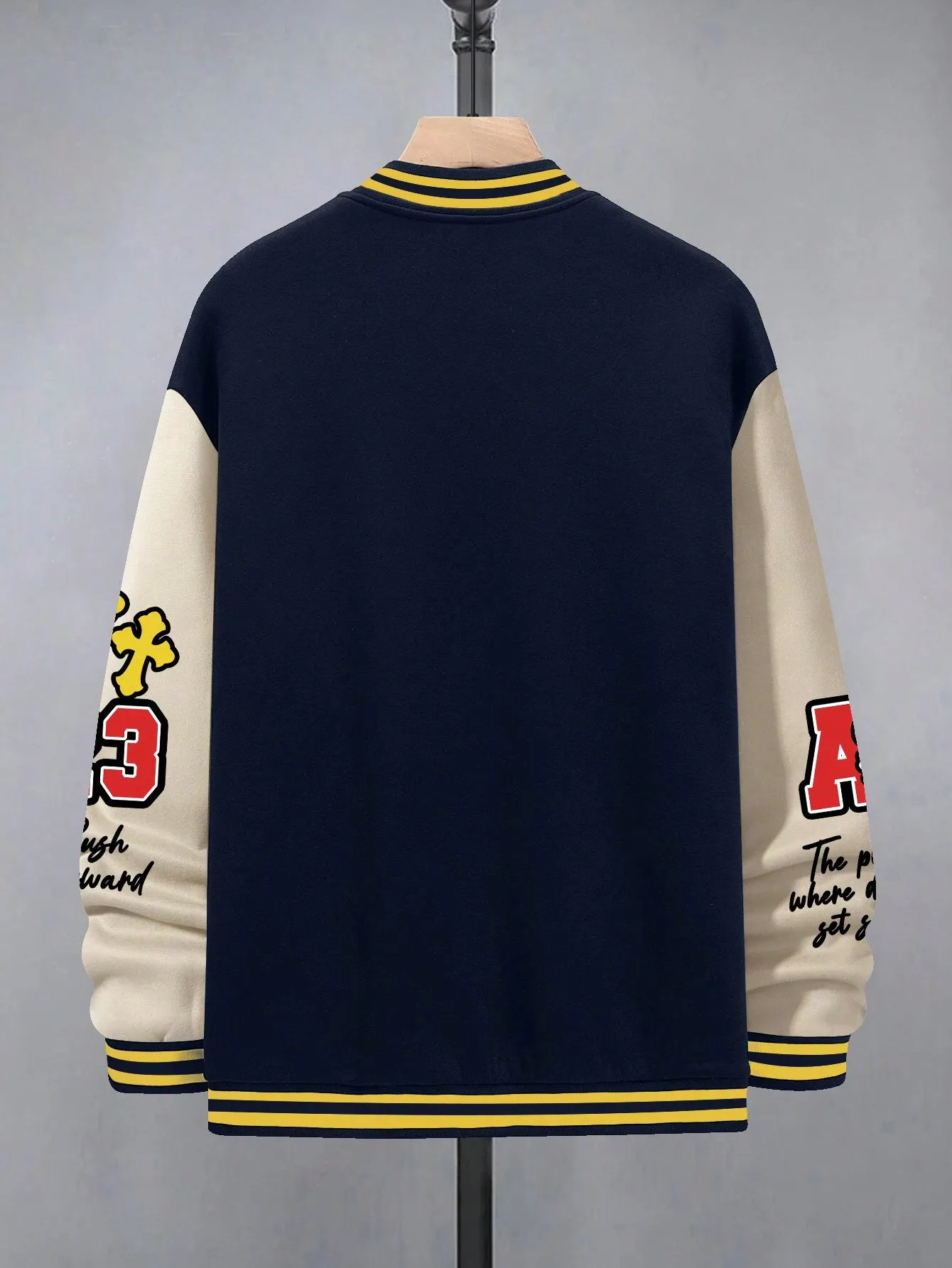 Oversized Men's Cartoon & Letter Graphic Striped Trim Color Block Varsity Jacket