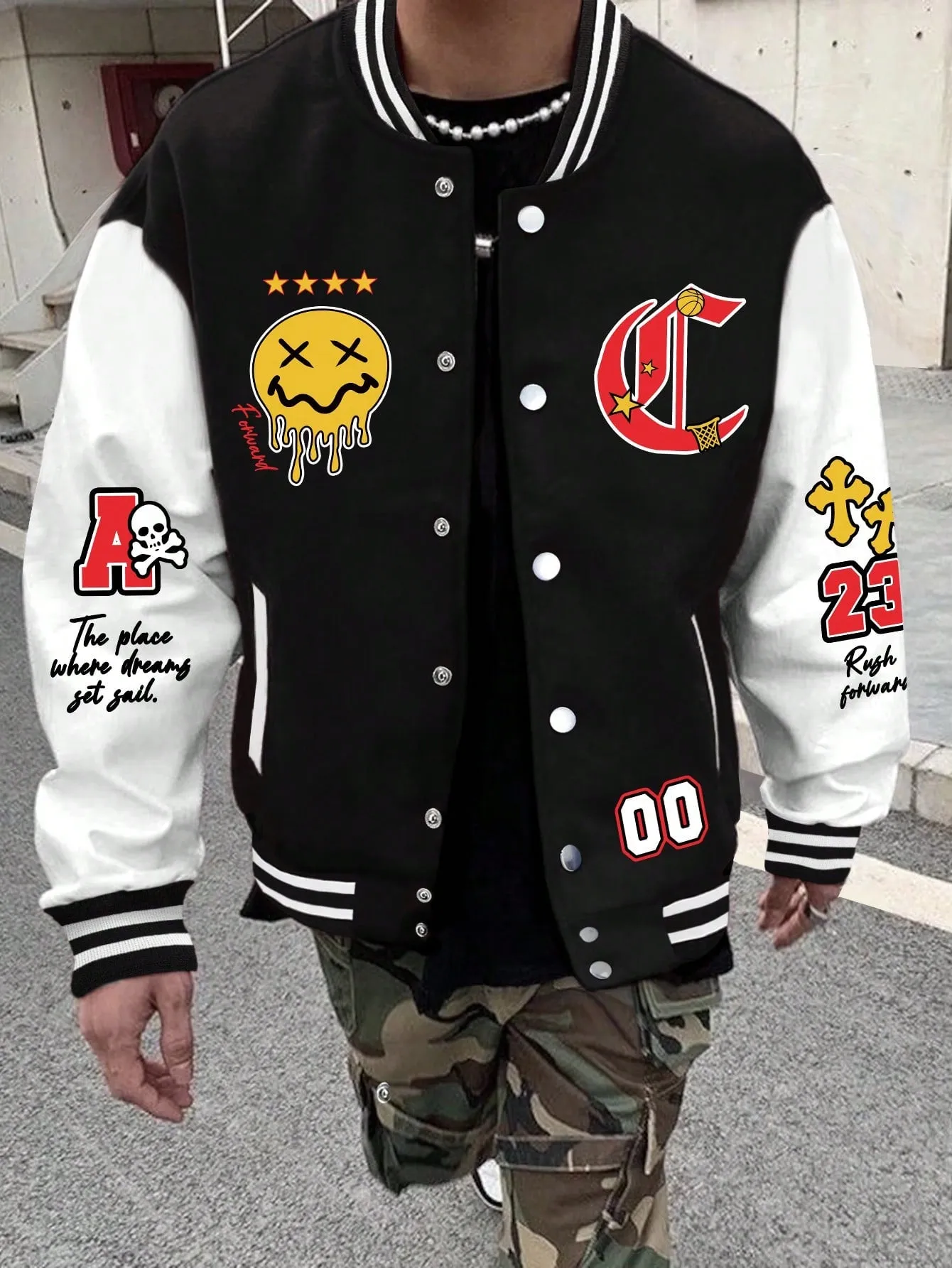 Oversized Men's Cartoon & Letter Graphic Striped Trim Color Block Varsity Jacket