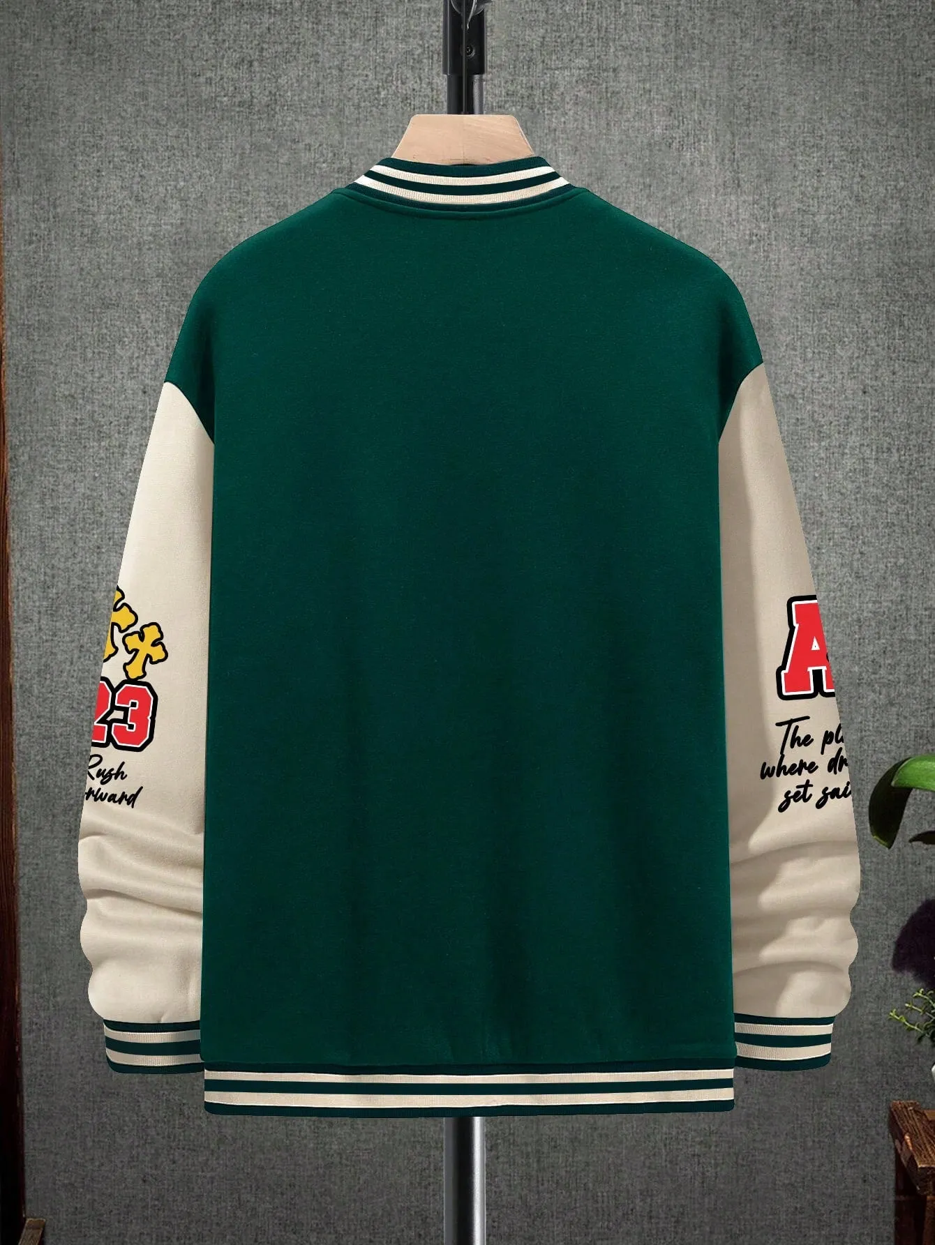 Oversized Men's Cartoon & Letter Graphic Striped Trim Color Block Varsity Jacket