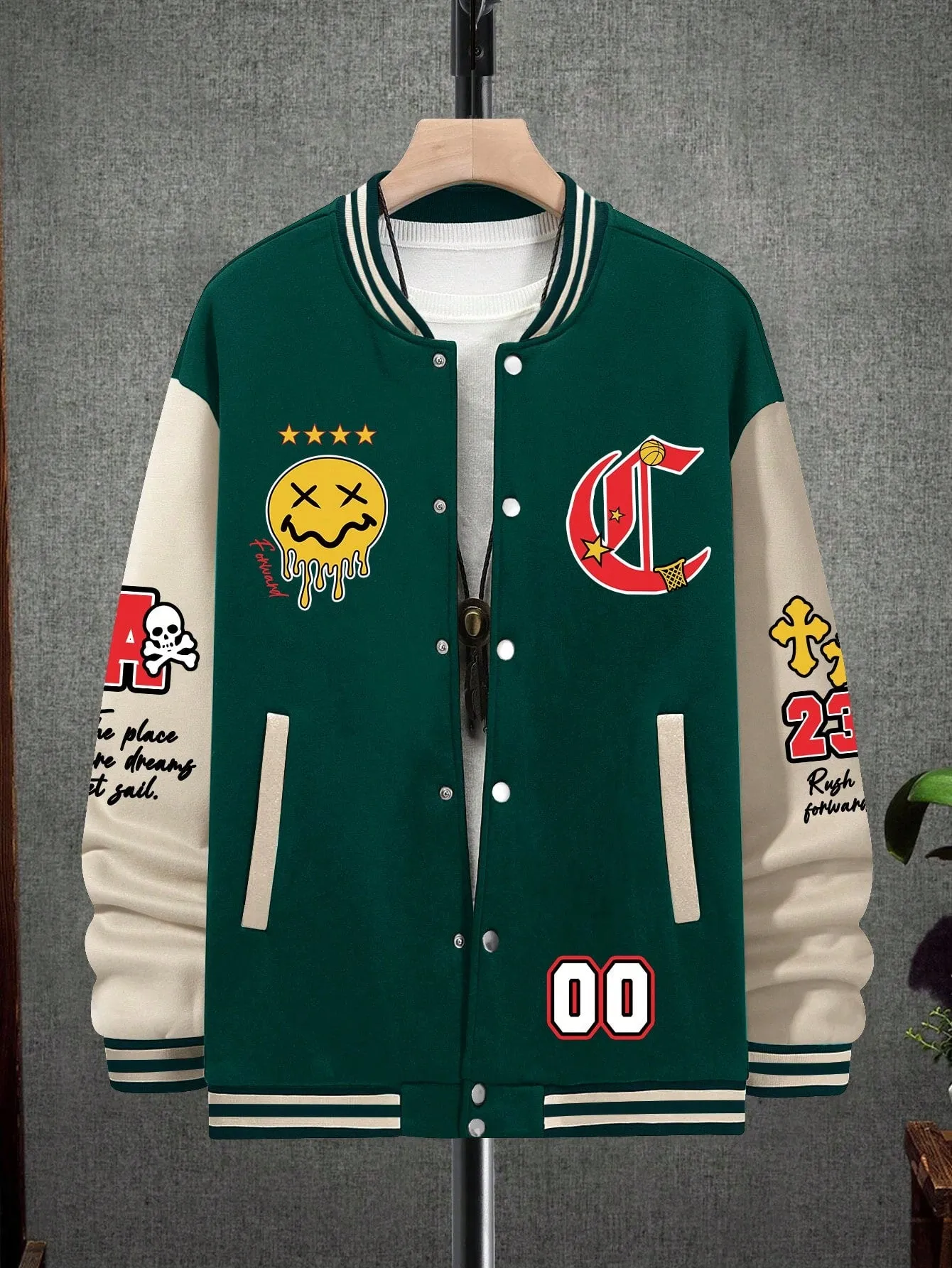 Oversized Men's Cartoon & Letter Graphic Striped Trim Color Block Varsity Jacket