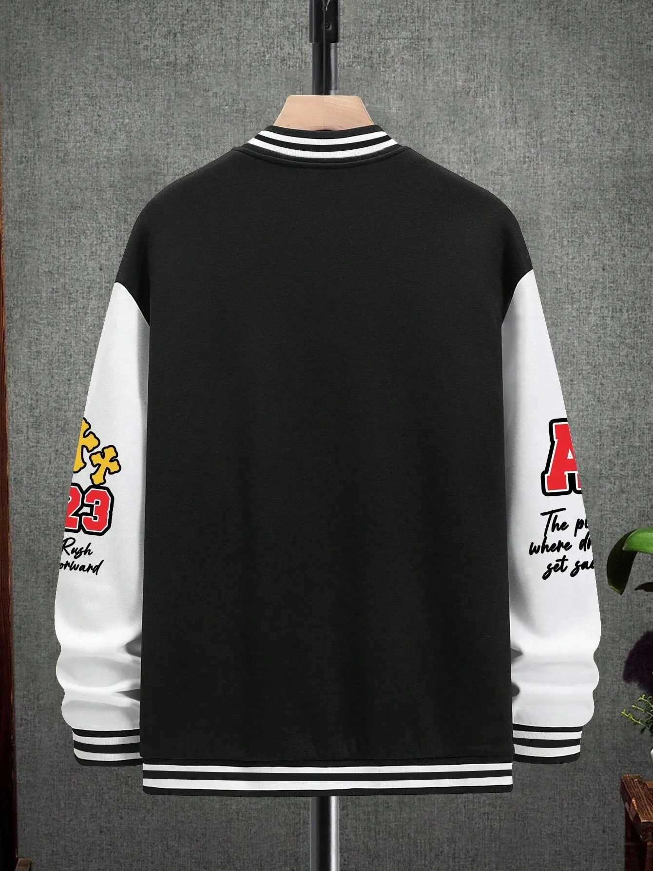 Oversized Men's Cartoon & Letter Graphic Striped Trim Color Block Varsity Jacket
