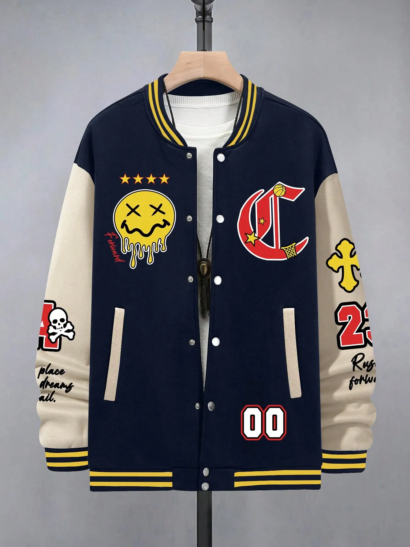 Oversized Men's Cartoon & Letter Graphic Striped Trim Color Block Varsity Jacket