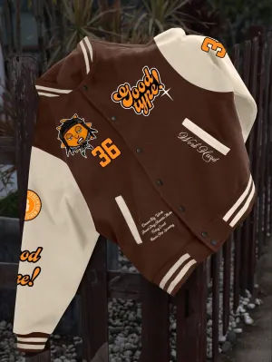Oversized Men's Color Block Letter Print Button Up Varsity Jacket, Going Out Street Wear Baseball Long Sleeve Jacket, For Friends, Husband, Boyfriend Gifts