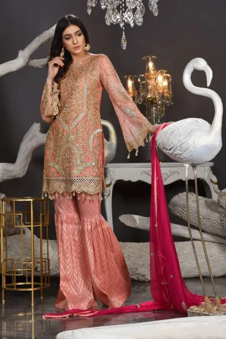 Pakistani Chiffon Dress In Peach Colour # P2603