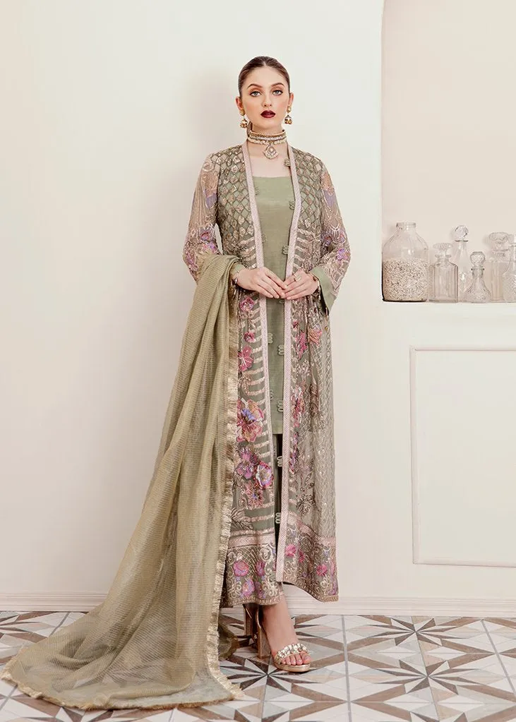 Pakistani Chiffon Party Gown Dress in Green Color #Y6011