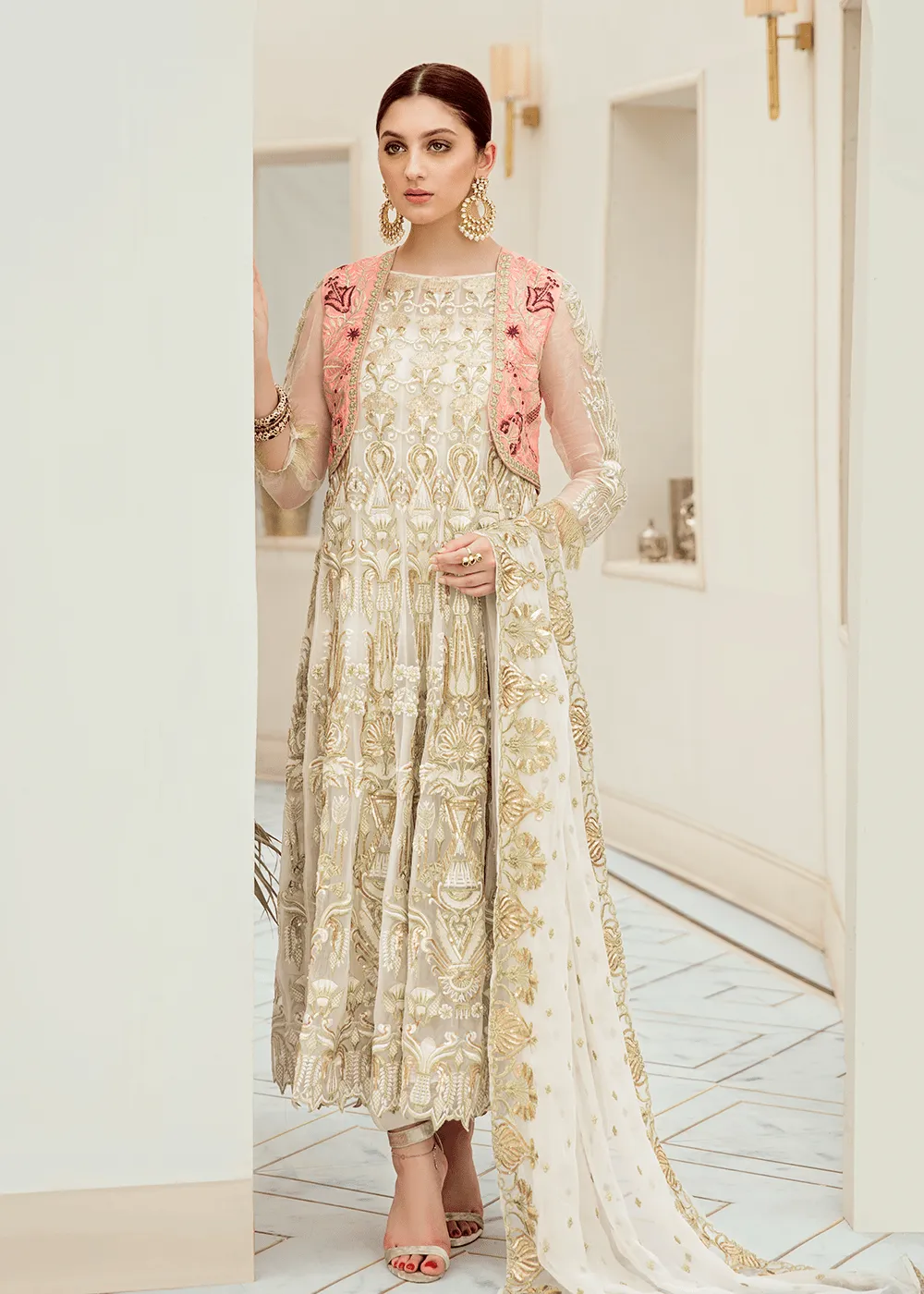 Pakistani designer chiffon outfit in white color # P2287
