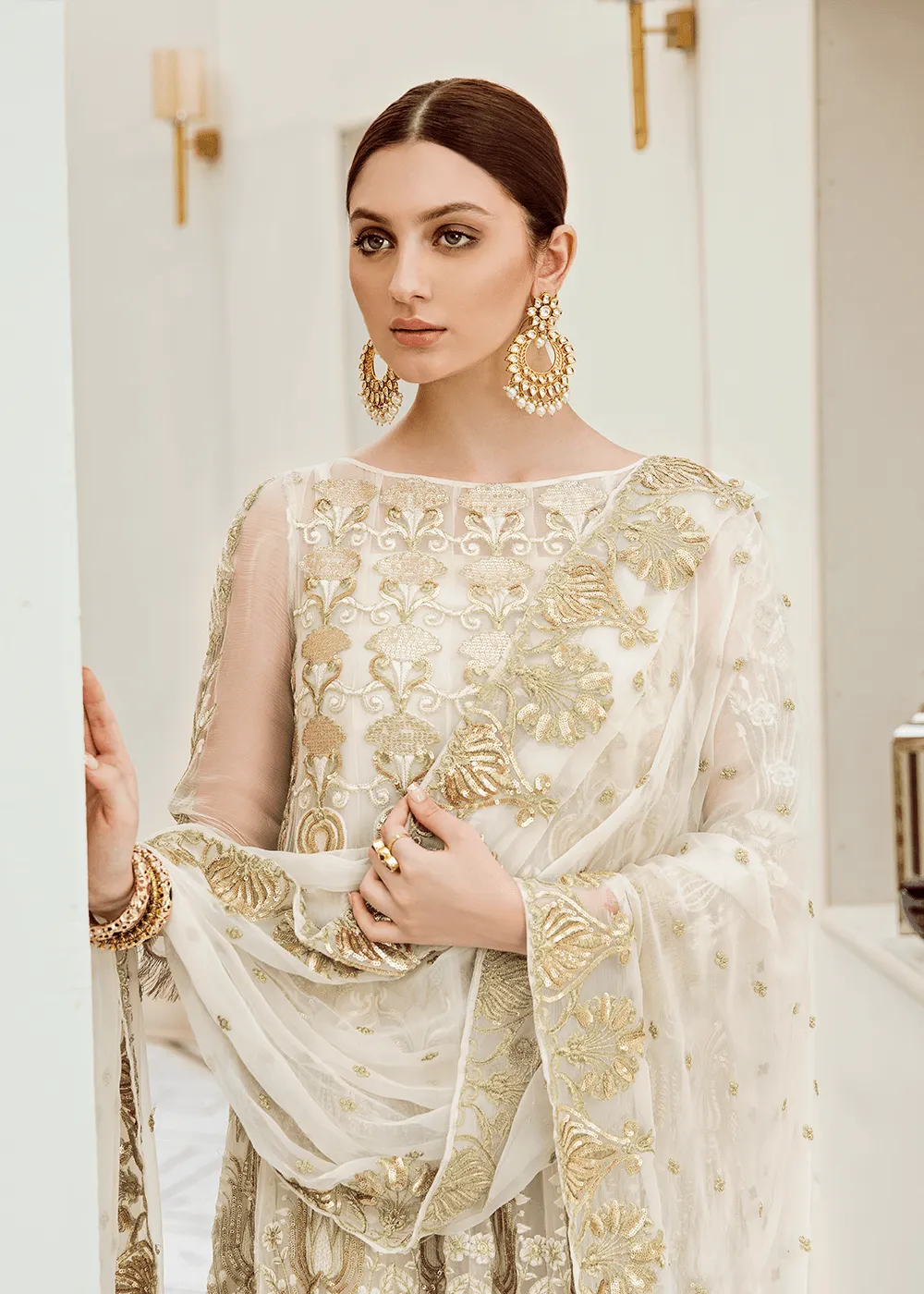 Pakistani designer chiffon outfit in white color # P2287