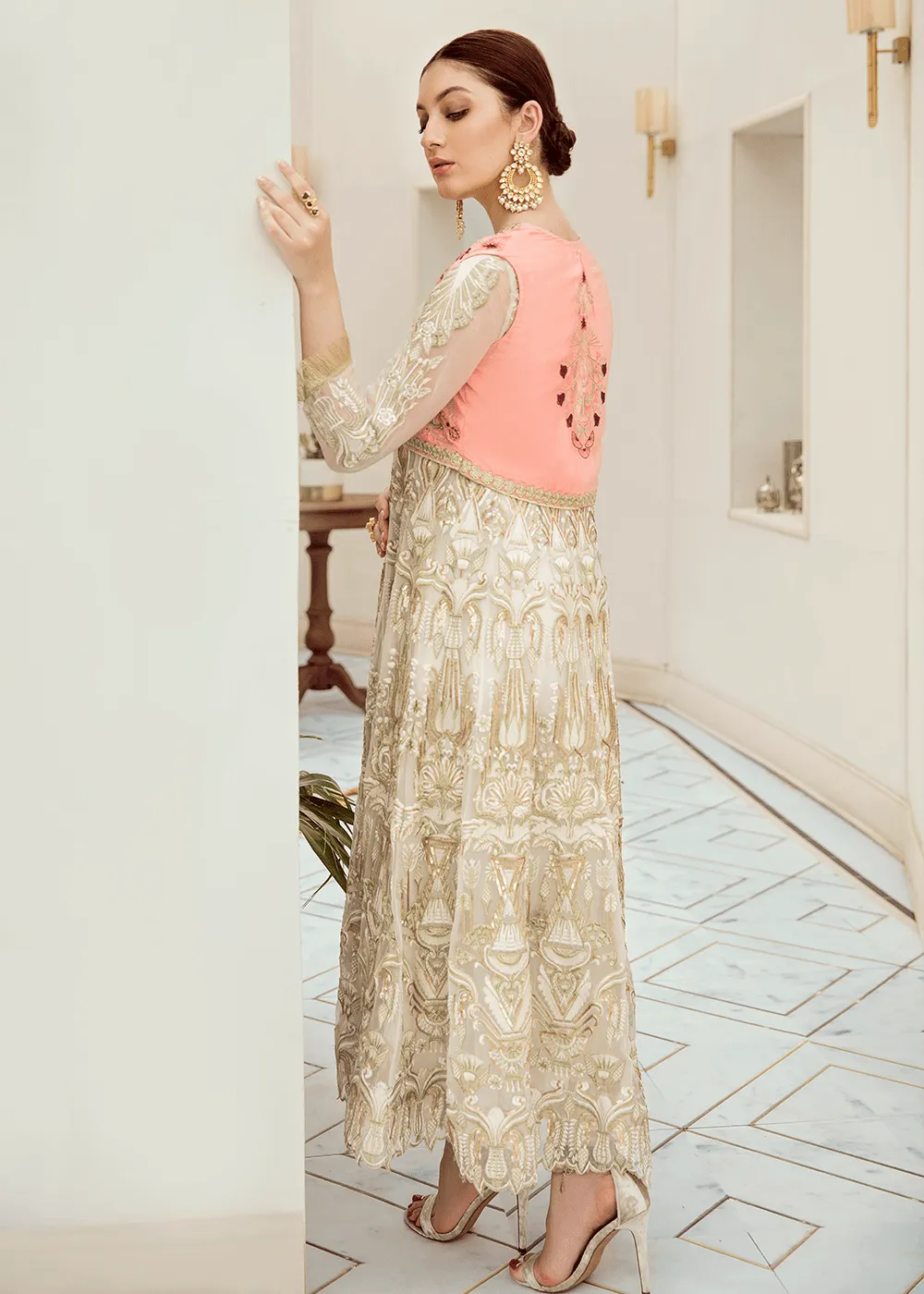 Pakistani designer chiffon outfit in white color # P2287