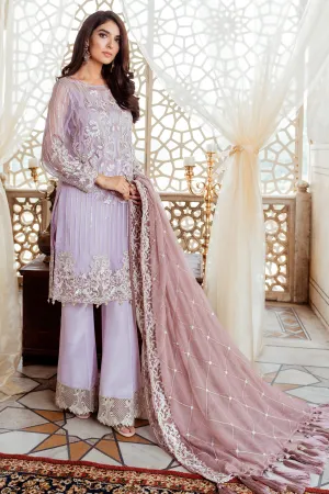 Pakistani embroidered chiffon party dress in ruffled lavender color # P2443