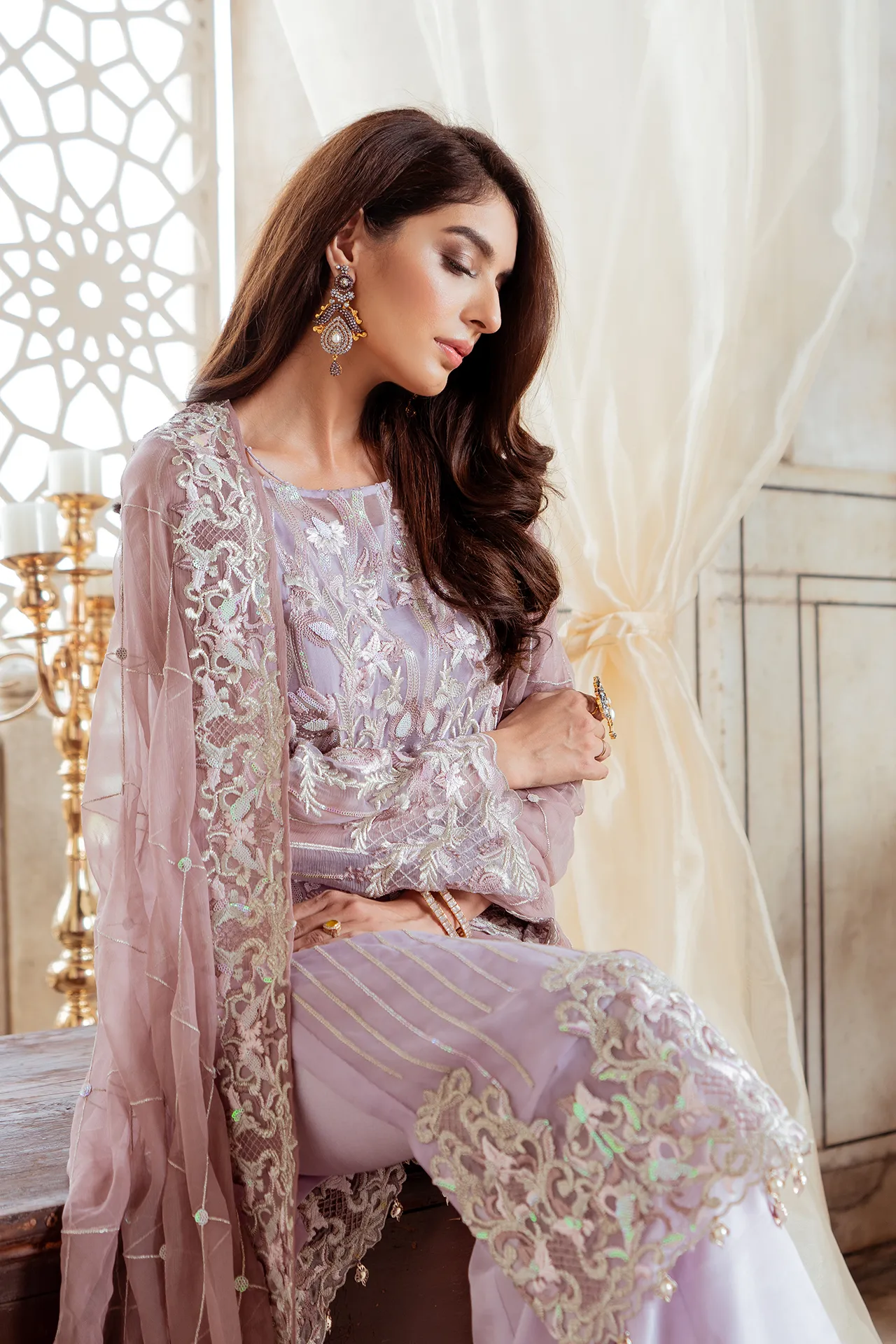 Pakistani embroidered chiffon party dress in ruffled lavender color # P2443