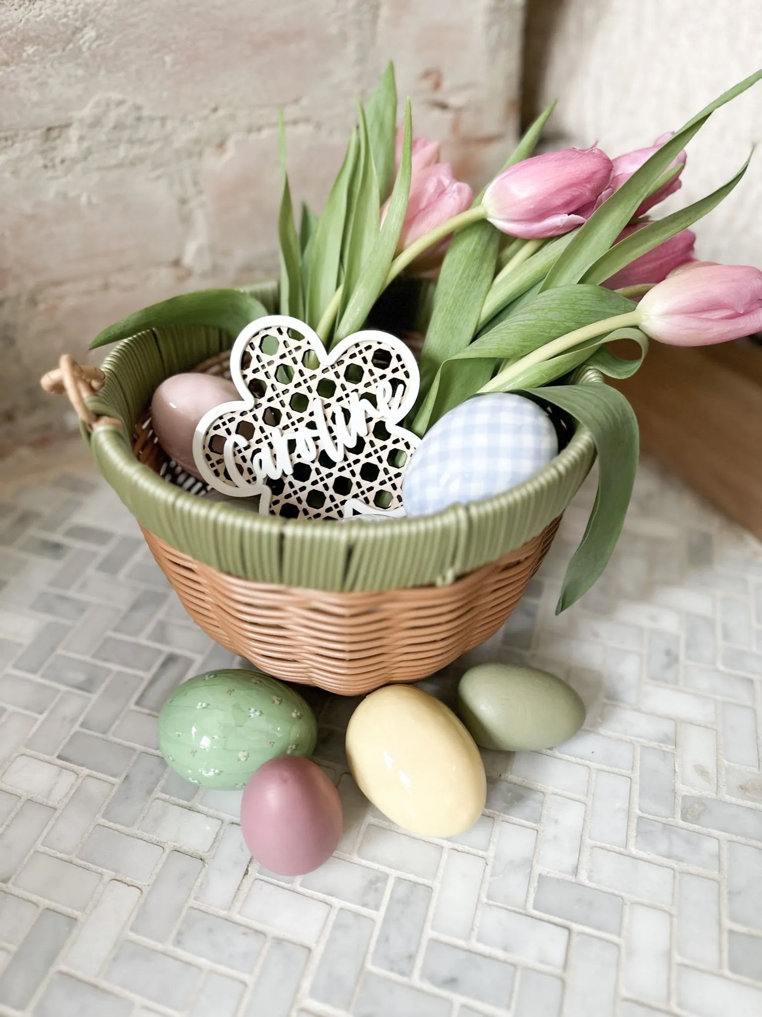 Personalized Flower Wood   Rattan Basket Tag