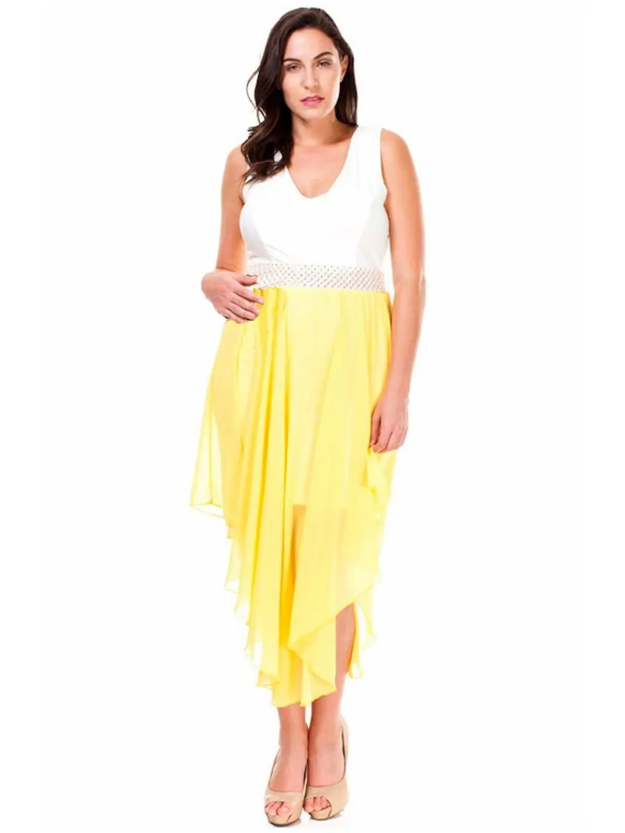 Plus Size Dress Sleeveless with Pearl Waistline and Chiffon Skirt