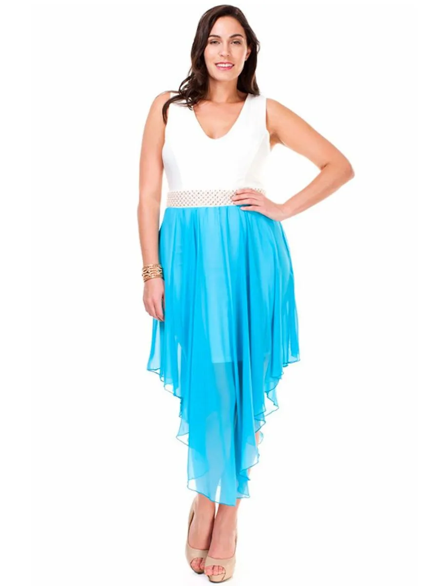 Plus Size Dress Sleeveless with Pearl Waistline and Chiffon Skirt