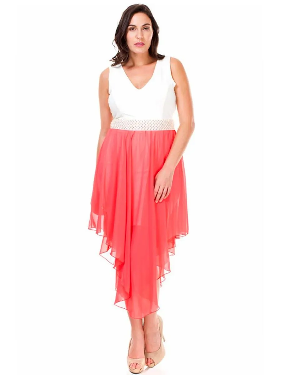 Plus Size Dress Sleeveless with Pearl Waistline and Chiffon Skirt