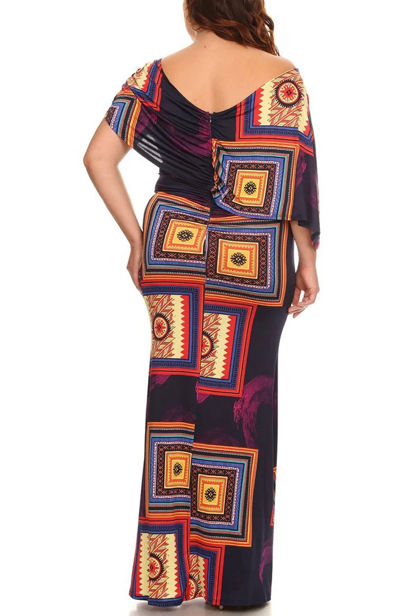 Plus Size Flounce Neckline Draped Maxi Dress