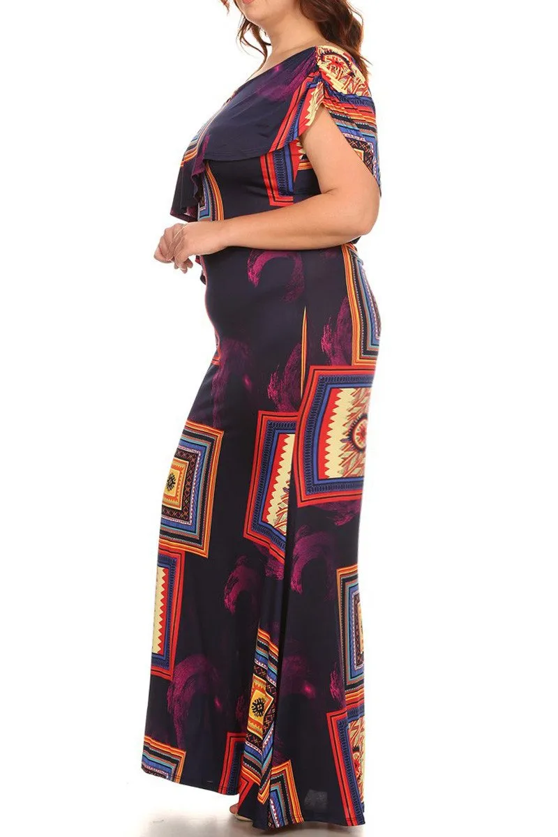 Plus Size Flounce Neckline Draped Maxi Dress